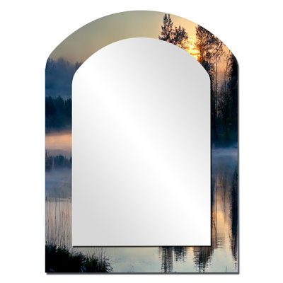 Morning Fog Over The Lake Sunset II - Lake Arch Decorative Mirror, Yellow Asymmetrical Wall Mirror, Printed Metal Art