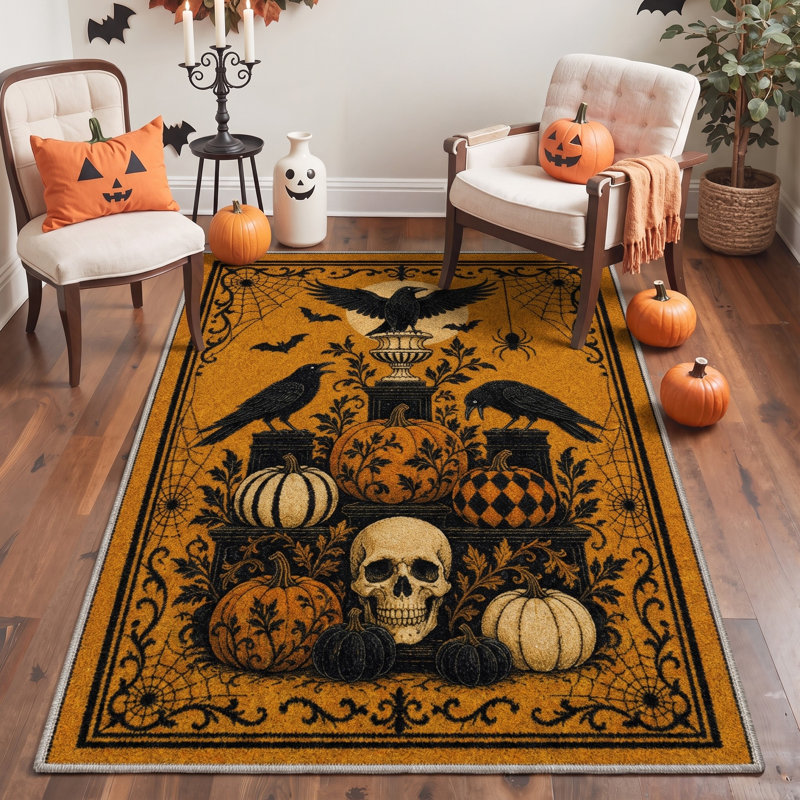 Tapis d'Halloween Corbeau et Crâne, Noir/Orange, Lavable à la machine, Poils courts, Antidérapant, Rectangulaire 8 pi x 10 pi