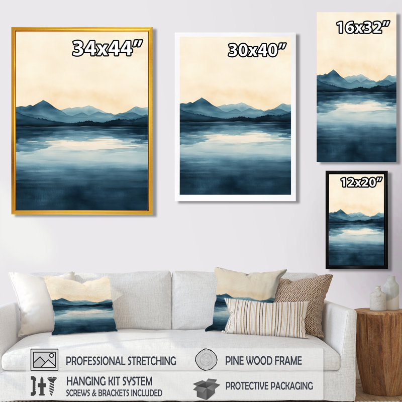 «Neutral Lake Horizon I - Beige Nature», art mural, Cadre flottant blanc, H 20 po x l 12 po
