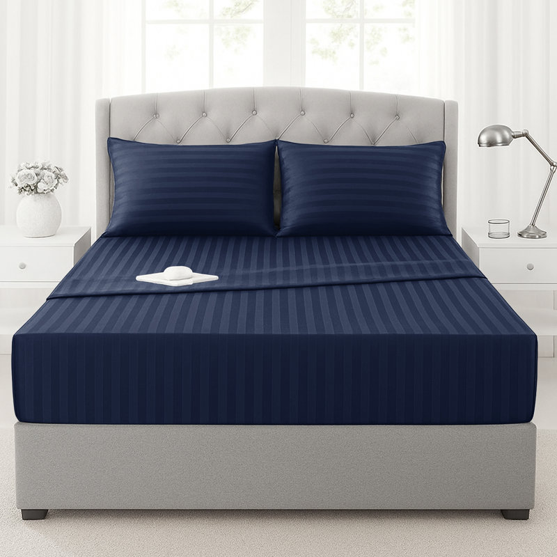 200 Thread Count Microfibre Stripe Fitted Sheet 40cm, Navy, Super King (6')