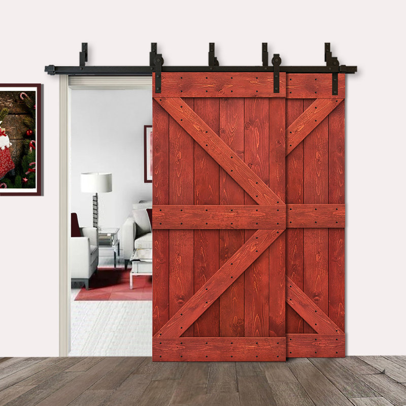 Porte de grange à panneaux et en bois avec quincaillerie d'installation, 40 po x 84 po, Rouge cerise