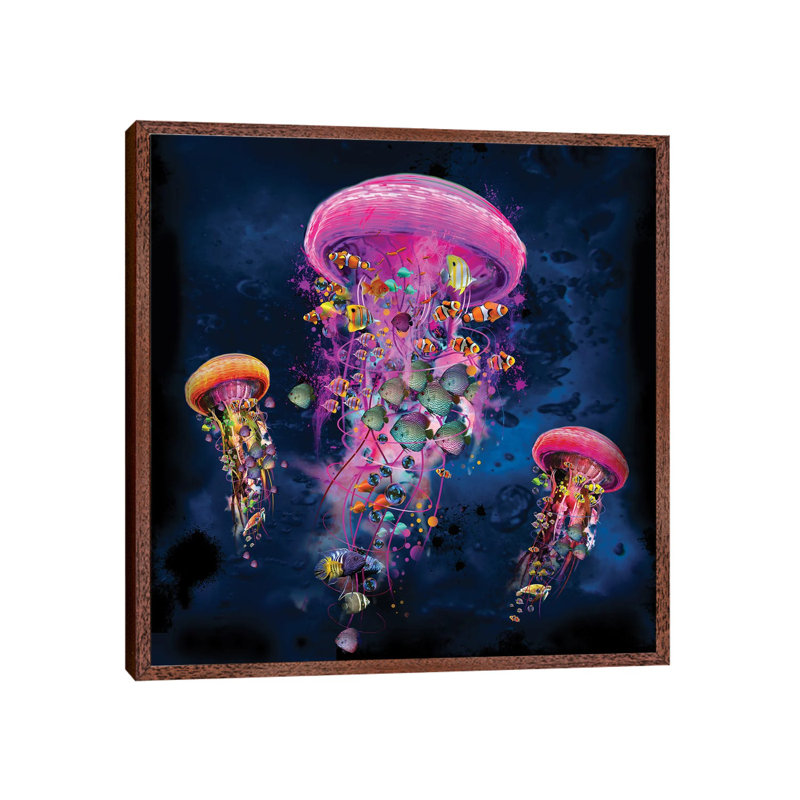 Electric Jellyfish World Pink by David Loblaw - Print on Canvas, Classic Brown Wood Framed, 66.04 cm H x 66.04 cm W
