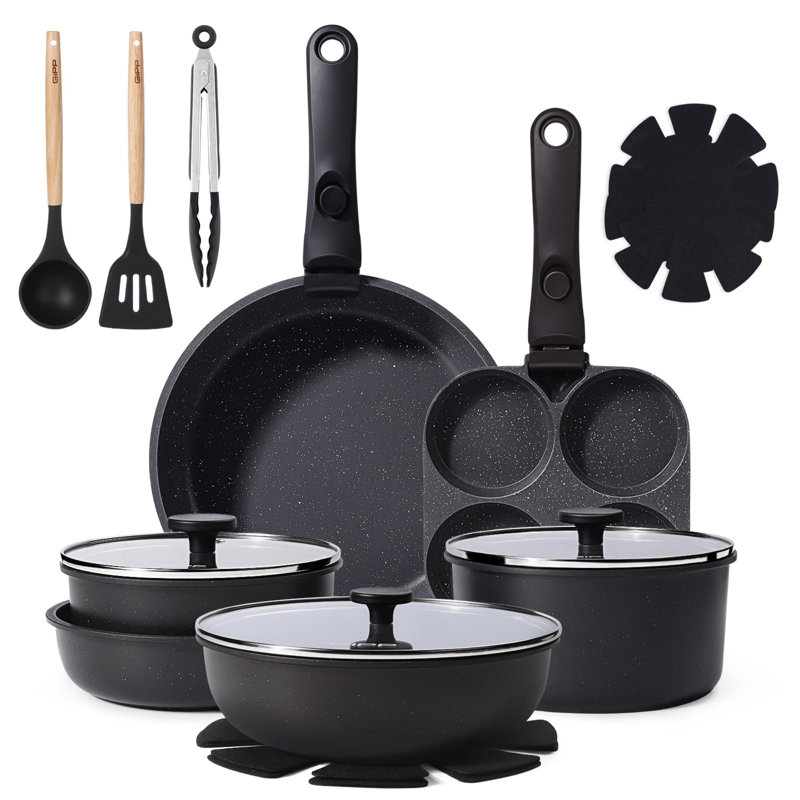 18-Piece Non-Stick Pots and Pans Set with Detachable Handle, PTFE, PFOA & PFAS-Free Coating, Induction Compatible, Oven Safe, Space-Saving Cookware for RV, Grey