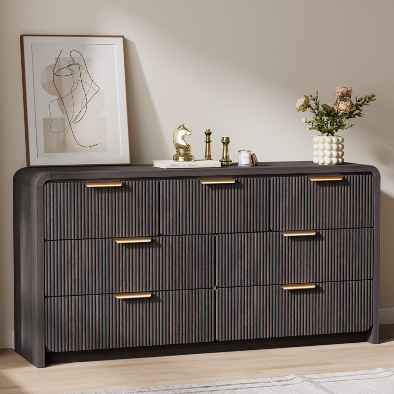 Commode moderne à 7 tiroirs de 130 cm de large pour chambre à coucher, commode double en bois, Black Walnut