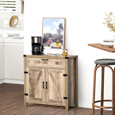 Kitchen Cabinet, Industrial Style With Drawer And Adjustable Shelf, Wooden Accent, Oak Cabinet Wide Door Accent Storage For Bottles Kitchenware Display