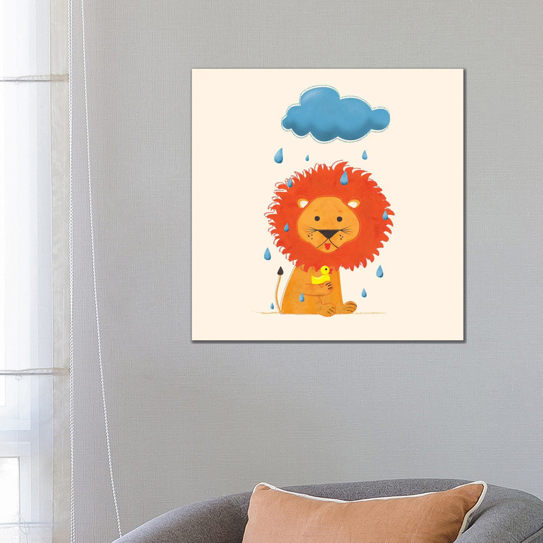 Lion With A Duck von Show Me Mars - Galerie-umwickelte Leinwand Giclée auf Leinwand