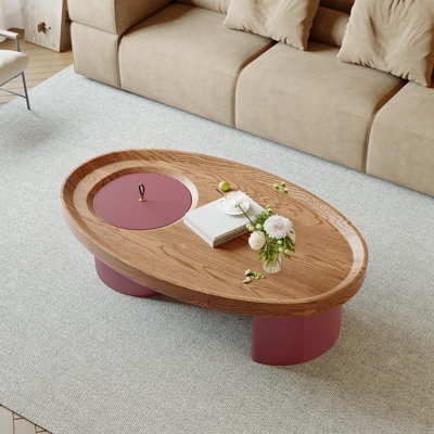 Oval Wood Coffee Table with Storage, Top with Red Legs, Mid-Century Modern Living Room Center Table, Farmhouse Accent Furniture for Large Spaces, Easy Assembly