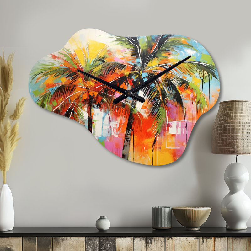 Aidien Popart Palm Trees I - horloge murale en métal avec palmiers, Petit