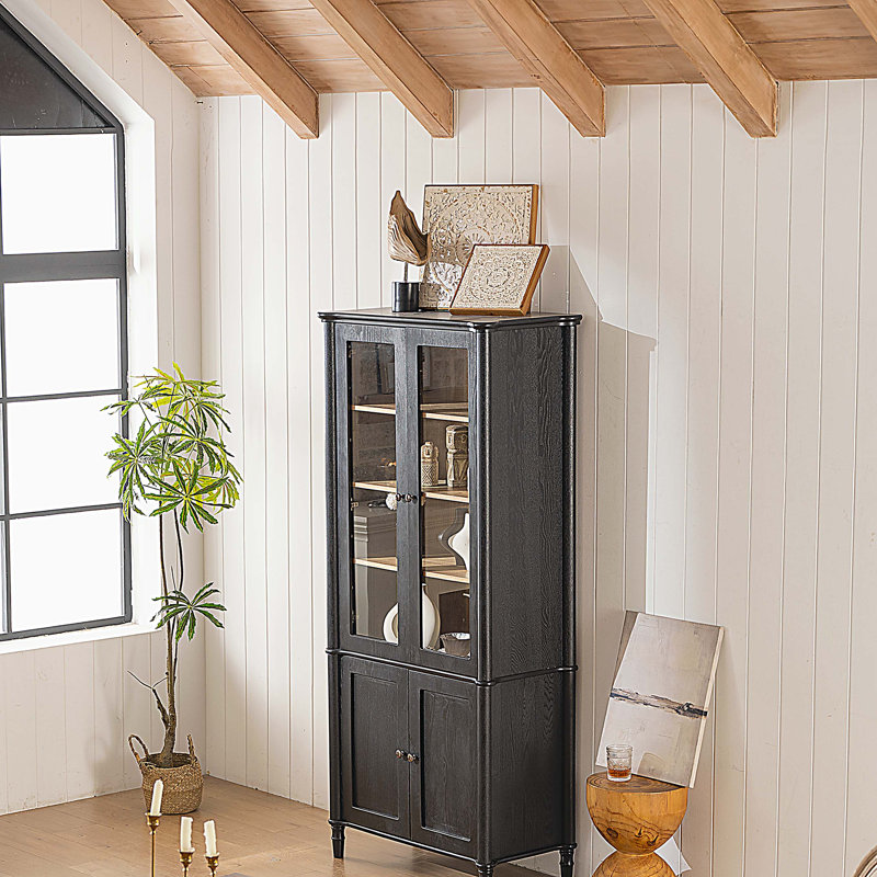 Vitrine 73,25 po H avec garde-manger avec portes et tablettes en verre, bibliothèque moderne avec rangement