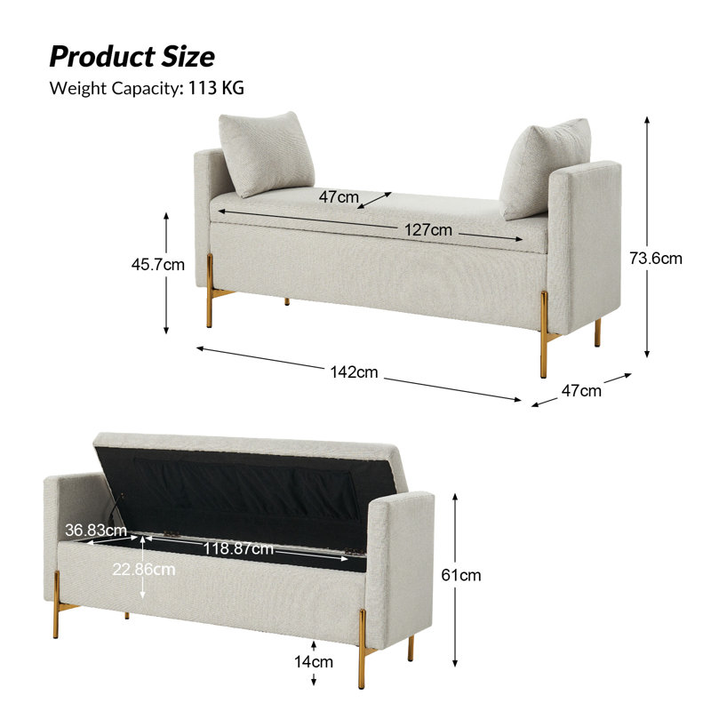 Louvenia 127cm Upholstered Flip Top Bench With Subdivided Storage and Toss Pillows, Grey