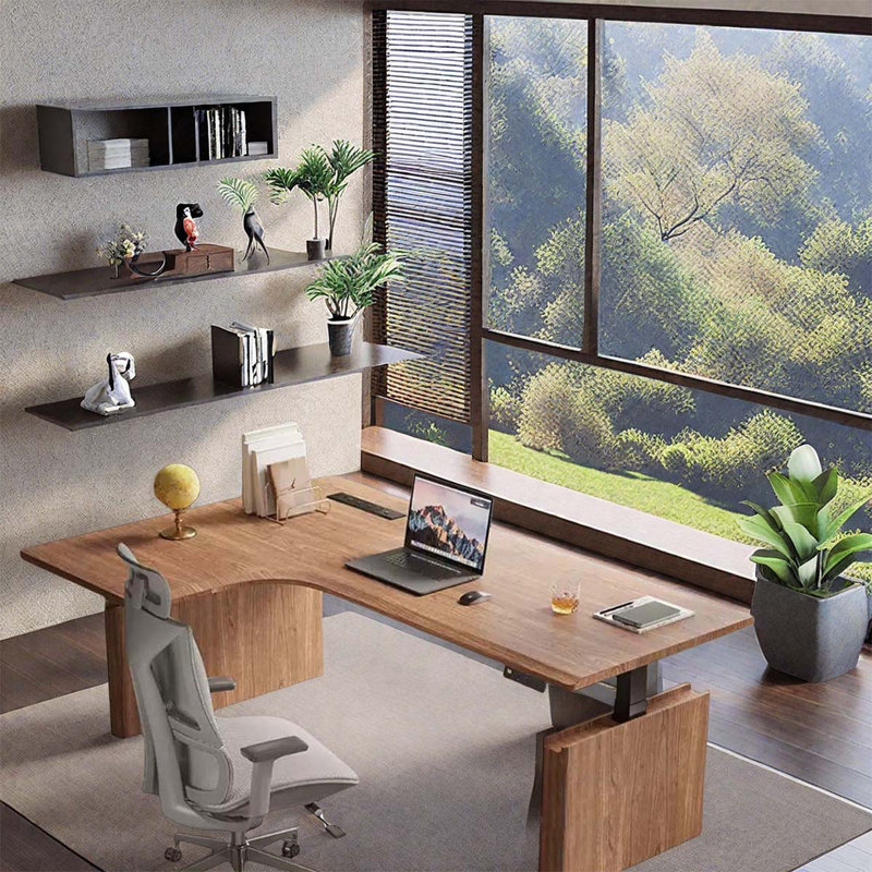 L-shaped left-corner solid wood adjustable desk, 28.35" H x 62.99" W x 43.31" D