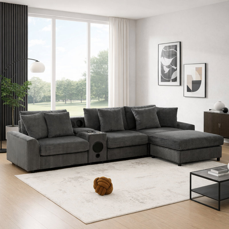 112×64'' Corduroy L-Shaped Sectional Sofa – Console, Bluetooth Speakers, USB Charger, Cup Holders, Storage & Ottoman
