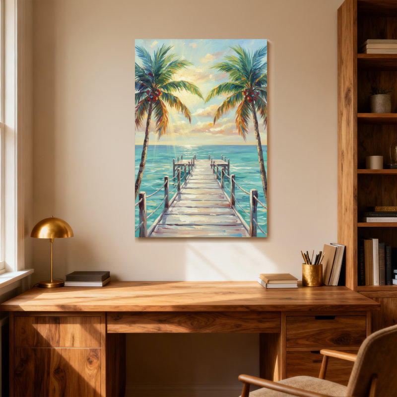 Plantes et fleurs, palmiers tropicaux, quai en bois, océan, coucher de soleil, ciel, H 12 po x l 18 po