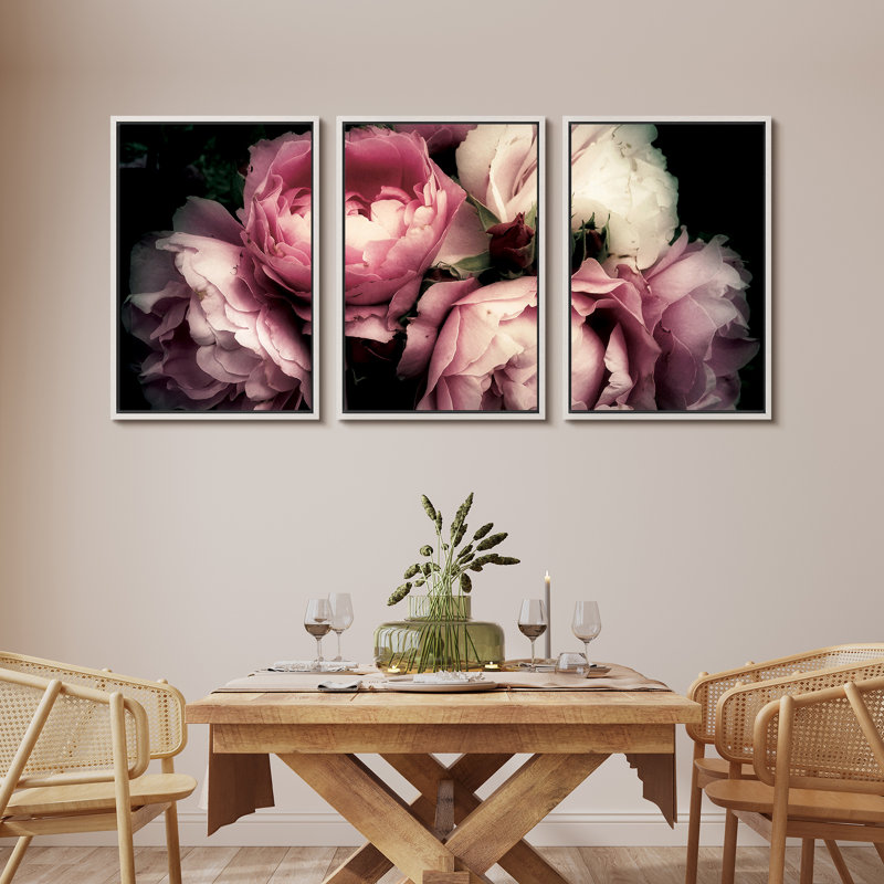 Large Framed Geometric Pink and White Peony Canvas Print Set