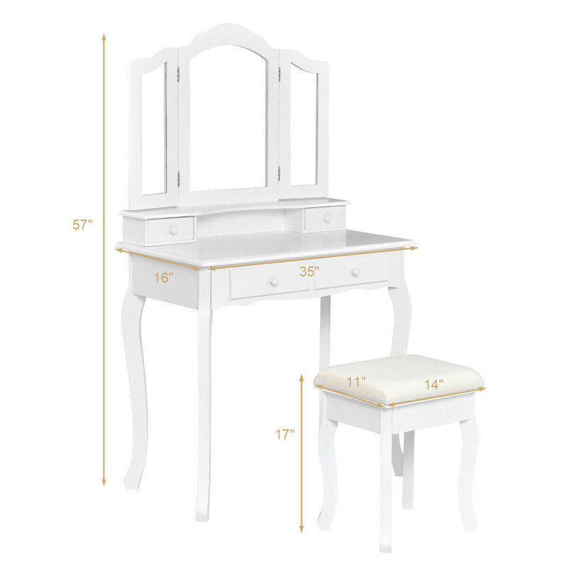 Ensemble coiffeuse avec tabouret et miroir Sindelar, Blanc