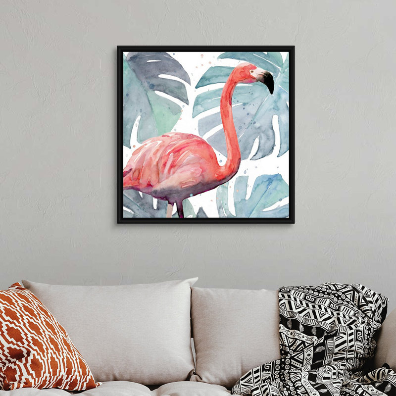 «Flamingo Splash I», art mural sur toile, Toile avec cadre noir, H 32 po x l 32 po