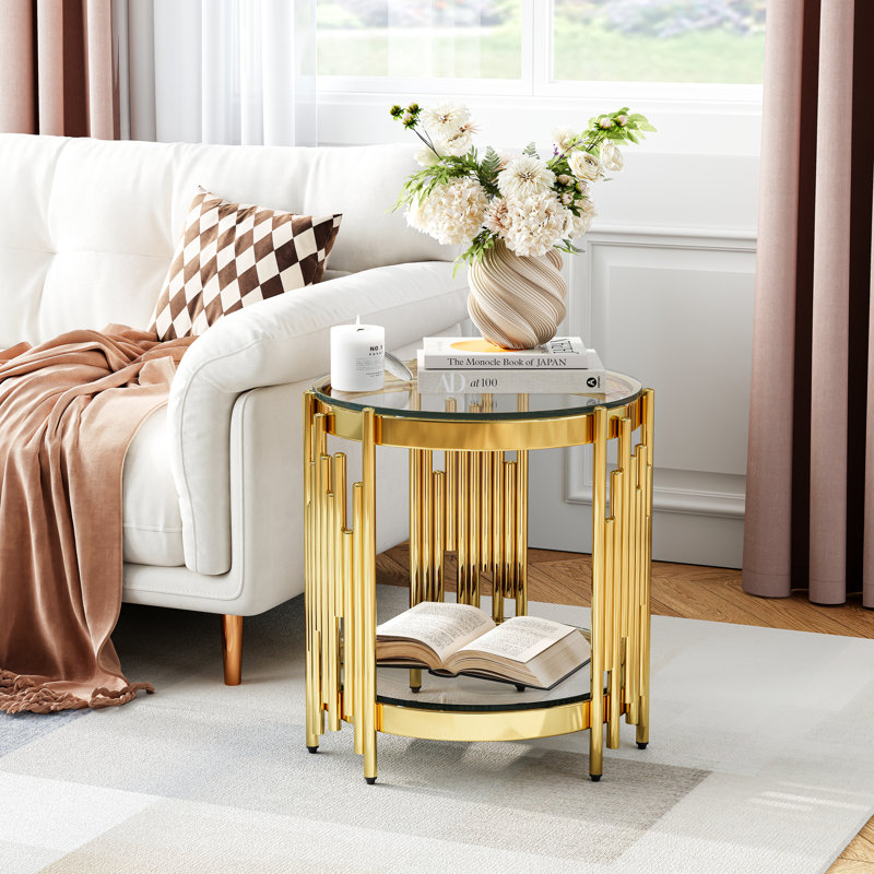 19.69" Round End Table, Two-Tier Tempered Glass And Irregular Cylindrical Stainless Steel Frame, Clear, Gold