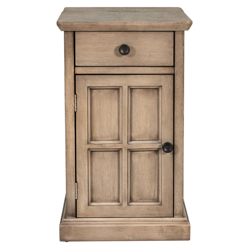 Table d'appoint de salon avec prises de courant, tiroir et porte-gobelet, table de bout brune au fini antique, options de rangement compatibles