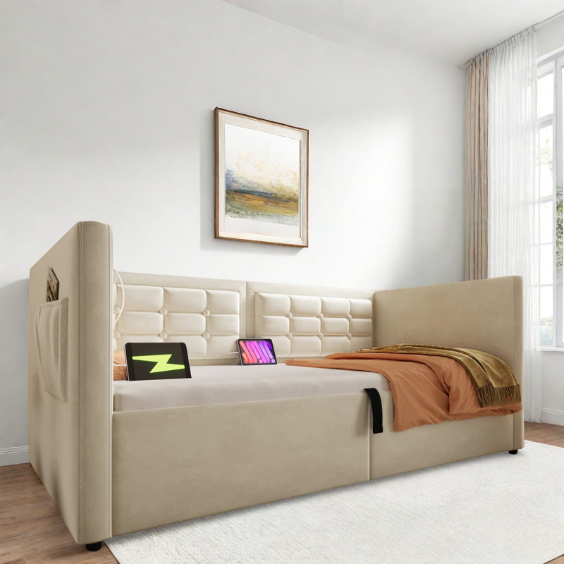 Lit de jour rembourré avec rangement hydraulique et charge USB et Type-C, Beige