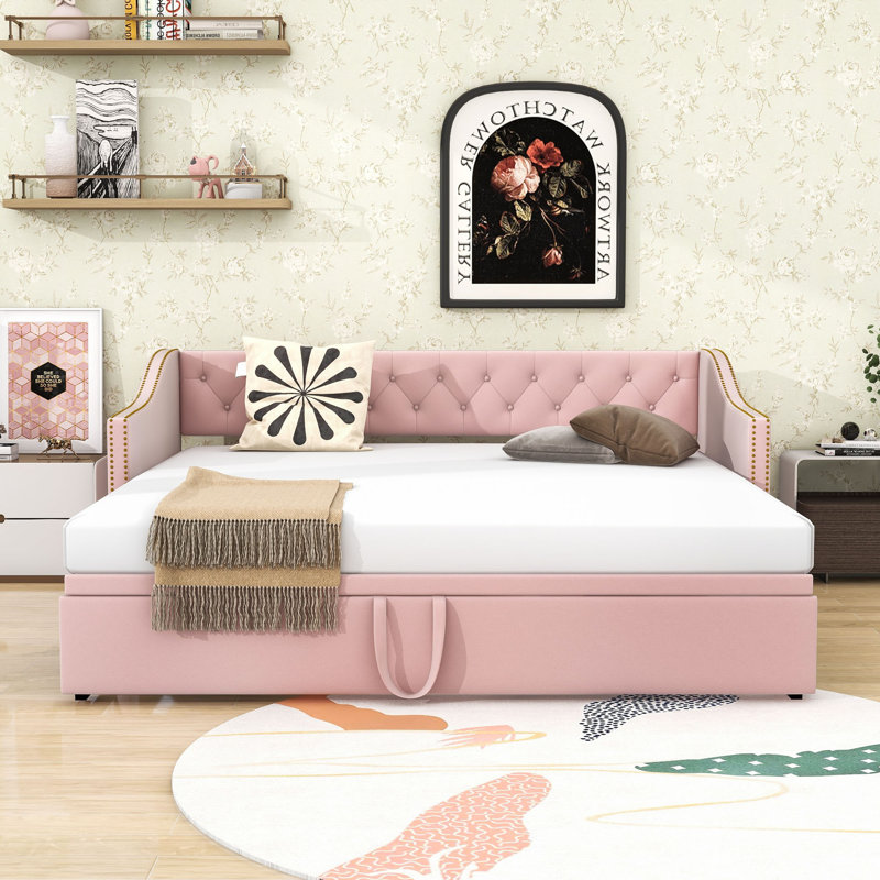 Upholstered Daybed with Twin Pop-Up Trundle, Space-Saving Design, Pink