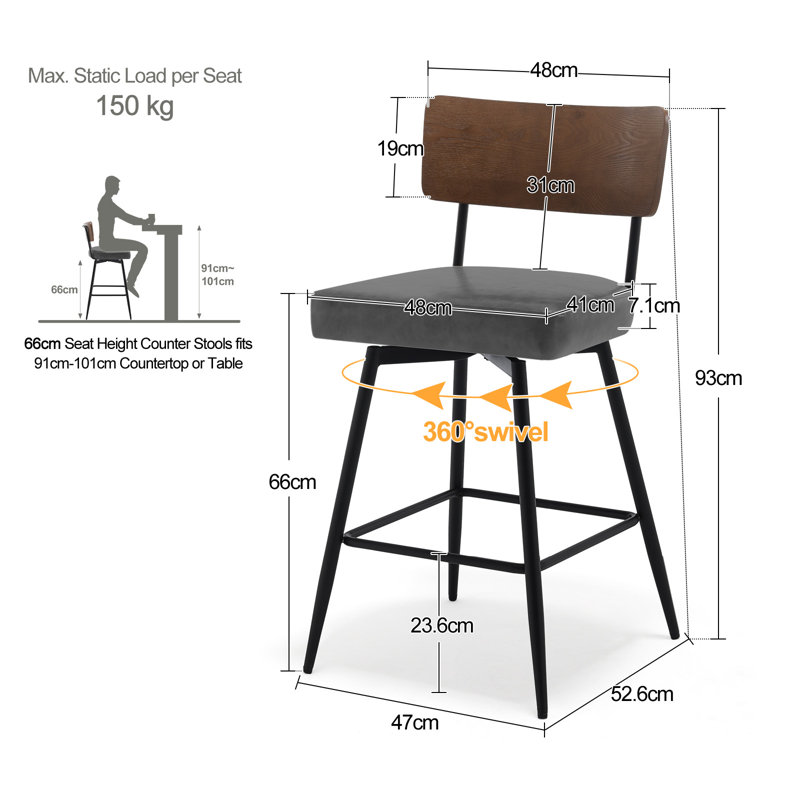 Swivel Upholstered Counter Stool with Metal Frame, Grey