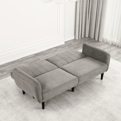 Futon gris contemporain qui se transforme en lit, avec bras de rail souple, dossier cannelé, support de dossier en fer, revêtement en tissu, largeur de 81 pouces