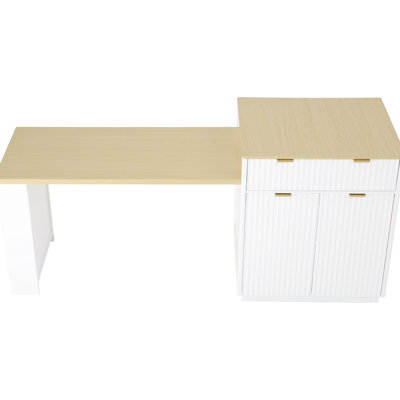 Kitchen Island With Extendable Table For 4 - 6, Double Sided Drawers, Cabinet Adjustable Shelves, Open Storage Compartment, White, Gold Metal Handle, Built In Charging Station, Curved Edges 2 Drawers