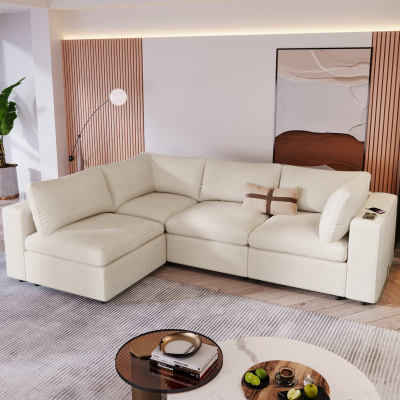4 - Piece Modular Upholstered Sectional, Beige Polyester Blend