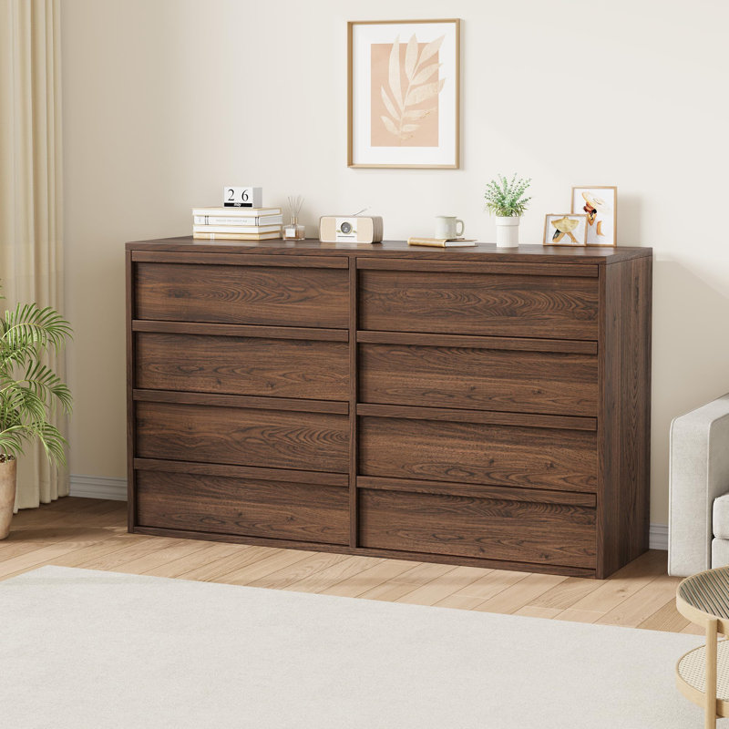 Commode moderne en bois à 8 tiroirs de 54 po de largeur avec tiroirs de rangement profonds, fabrication durable, dispositif anti-basculement et utilisation dans plusieurs pièces