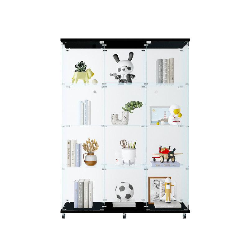 3 Door Glass Cabinet Glass Display Cabinet With 4 Shelves, Black