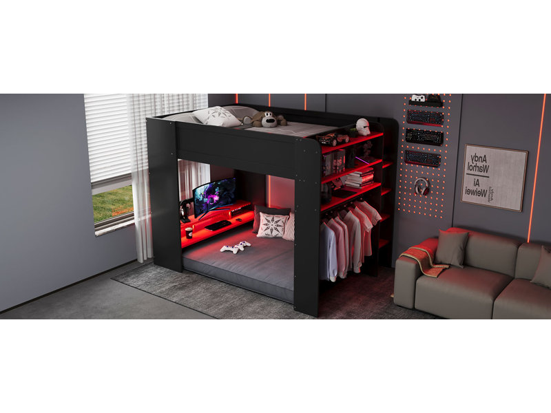 Lit double superposé en bois pleine grandeur avec bureau à hauteur réglable, garde-robe, grand espace de rangement et lumière RVB, rouge
