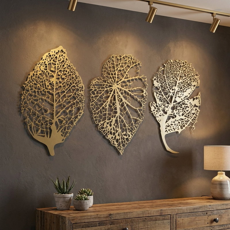 Metal Leaves Wall Art Set - 3 Piece, Gold, 28" H x 18" W