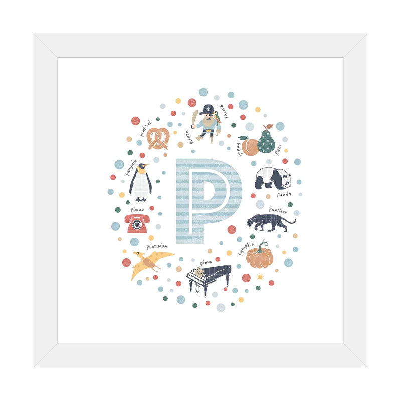 " Illustrated Letter P Blue ", White Framed Paper, White, 16" H x 16" W x 1" D