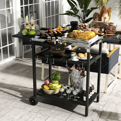 Outdoor Bar Table With Stainless Steel Surface, 2 Layers & Garbage Hook Holder, Black Portable Kitchen Cart Top, 2 Storage, Seasoning Shelf, Wheels, Hooks, Towel Bag Rack,