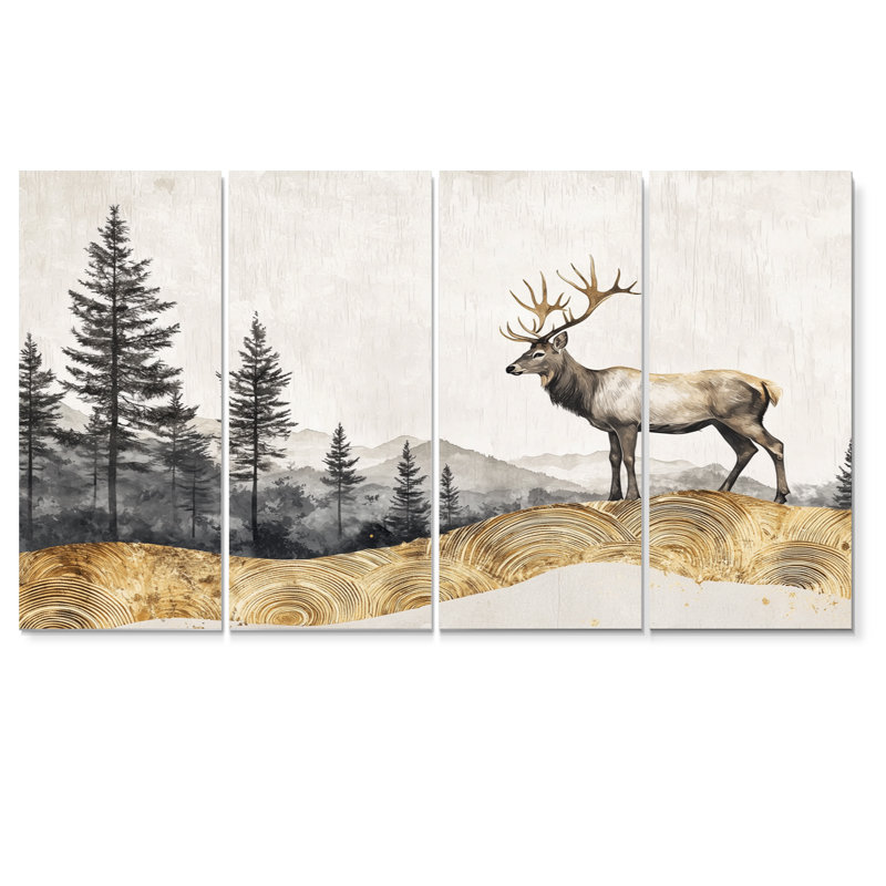 Or doré, paysage de grâce dans la forêt IV - art mural animal cerf - art mural moderne pour le salon, H 28 po x l 48 po