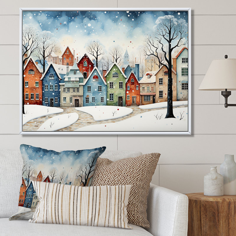 Multicolor Frosty City In Winter I - Winter Landscape, art mural, Cadre flottant brun, H 16 po x l 32 po x P 1 po