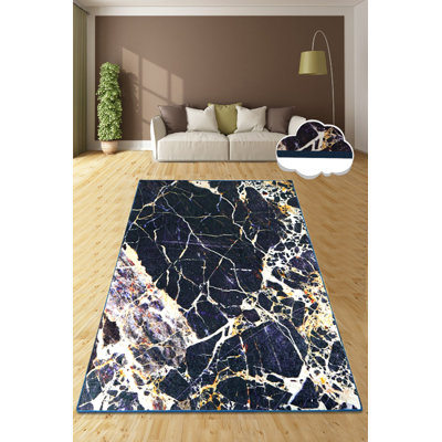 Luxury Hall Carpet, Navy Blue & Gold, 4.9 x 6.6 ft | 100% Polyester, 0.4 in Pile Height | Antibacterial, Non-Slip Felt Dot Underside | Machine Washable, Easy Care | Perfect for Living Room & Entryways