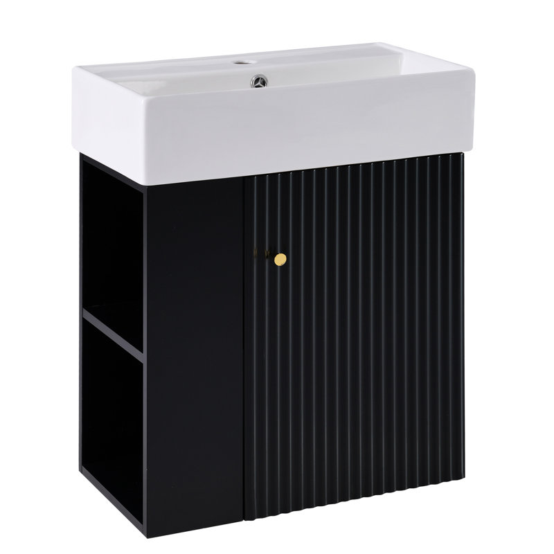 Armoire de salle de bain flottante noire - lavabo en céramique de 21,6 po, rangement à gauche, meuble-lavabo moderne 21,6 po avec lavabo
