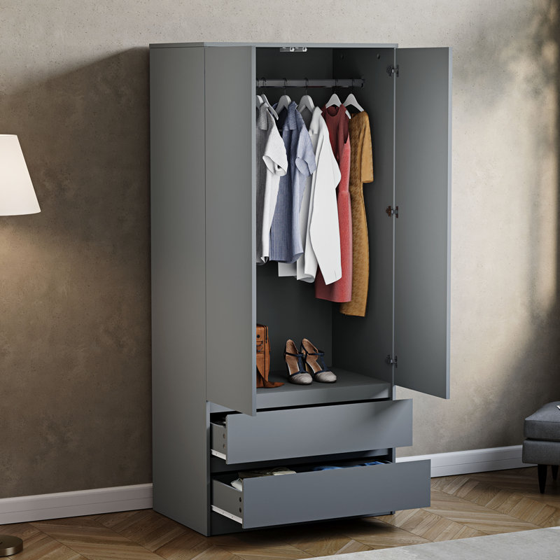 Cunha 2 Door MDF & Particleboard Wardrobe, Grey