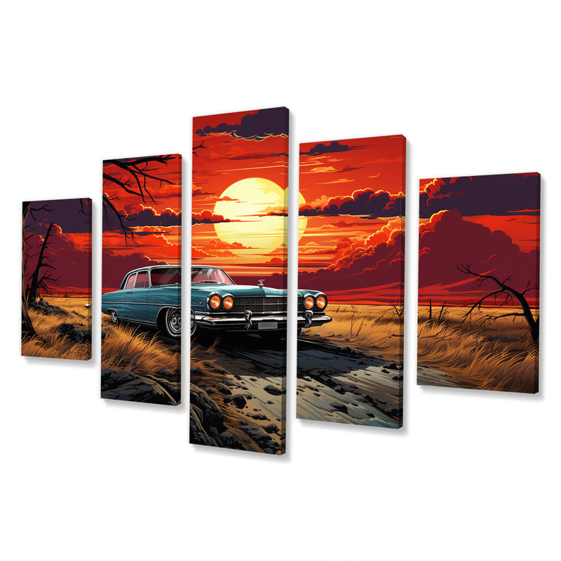 Orange et rose, voiture américaine classique sur la plage II - art mural américain multi-panneaux