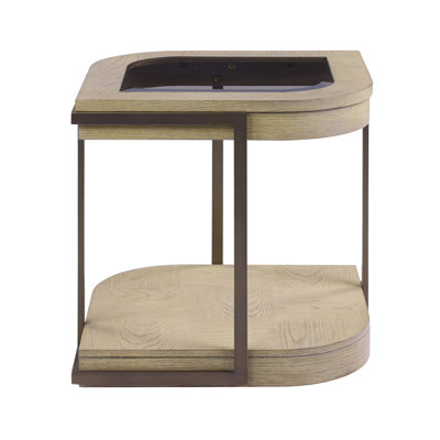 Stunning Sculptural Bronze-Tone Metal Frame End Table With Tempered Smoky Glass Inlay And Spacious Lower Shelf In Muted Earth Tones And Clay Finish