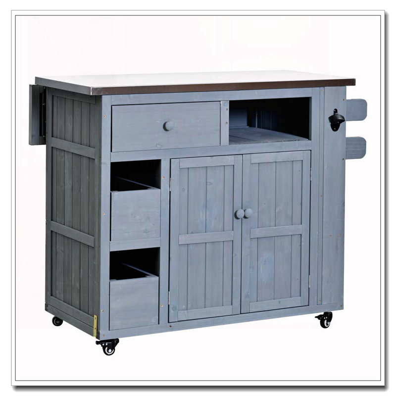 Îlot de cuisine extérieur extensible en bois massif de 19,3 po / 28 po avec plateau à épices en acier inoxydable, Gris