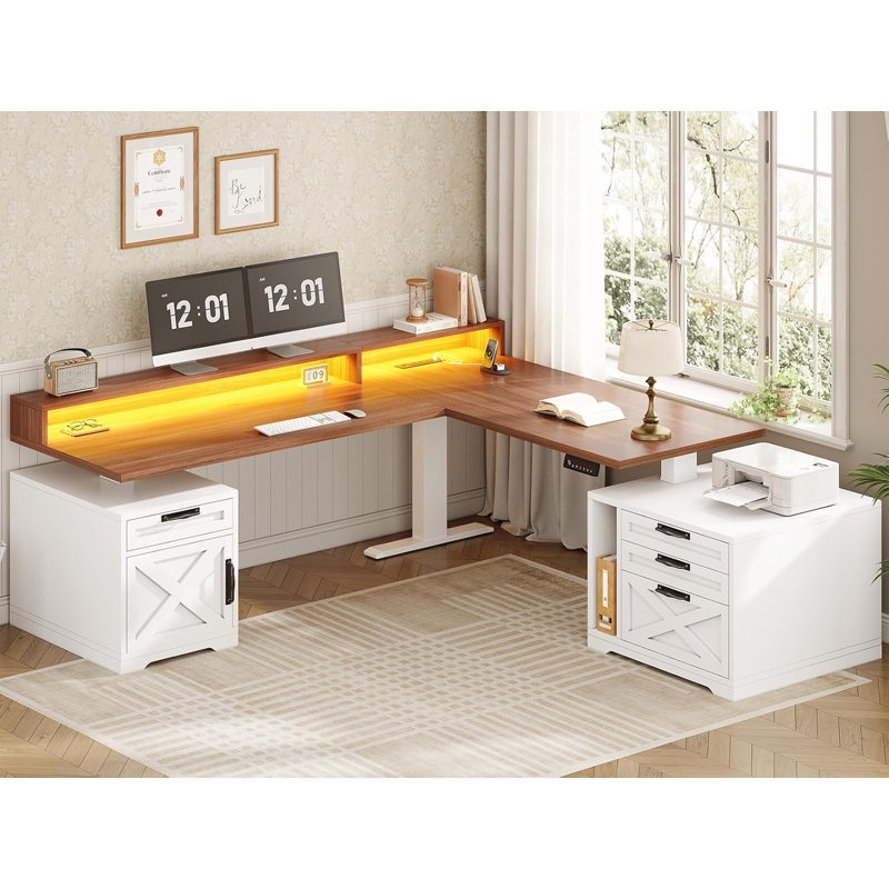 Farmhouse L Shaped Standing Desk, 71" X 73" Height Adjustable Home Office Executive Desk With Drawers, Oak/White