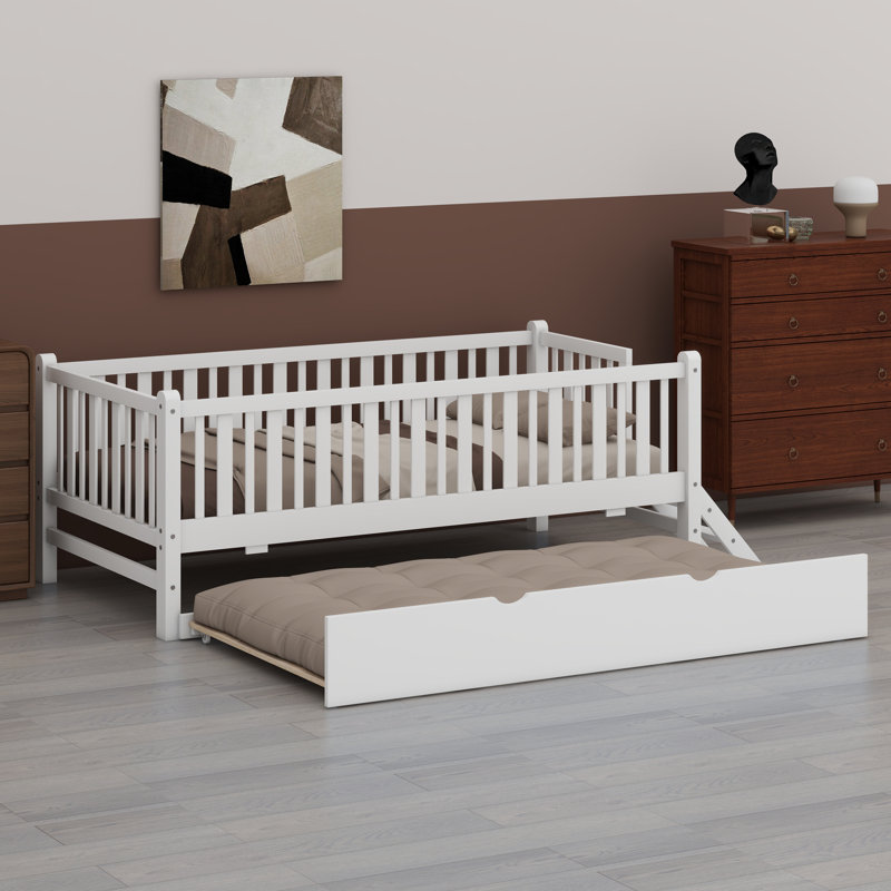 Platform Bed With Guardrail And Trundle, White