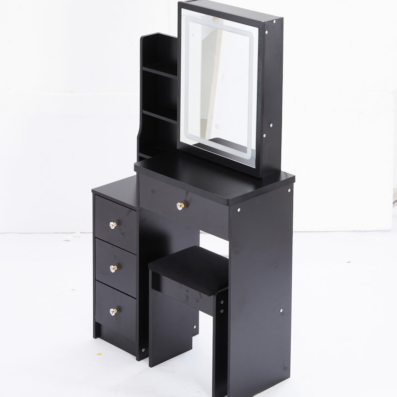 Small Bedroom Vanity With Cushioned Stool & Touchscreen Sliding Led Mirror, Switching And Brightness Adjustment, Black , American Design Table Touch-operated Colour Choices, Stool, For Living Areas