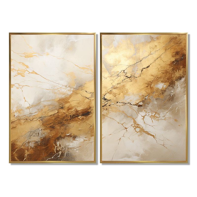 Beige et marbre doré foudre I - art mural beige, Impression encadrée flottante sans passe-partout, H 36 po x l 48 po, Doré