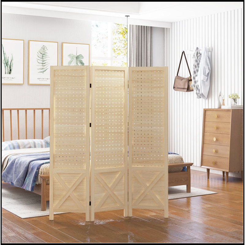 Paravent 3 panneaux perforés, écran d'intimité pliable portatif en bois de 4,7 pi de hauteur, cloison de séparation pour bureau personnel, naturel