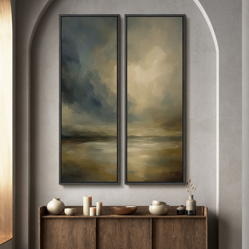 «Stormy Horizon Cloudscape Art For Room», ensemble de 2 reproductions d'art encadrées sur toile 60 po 2 pièces, Noir
