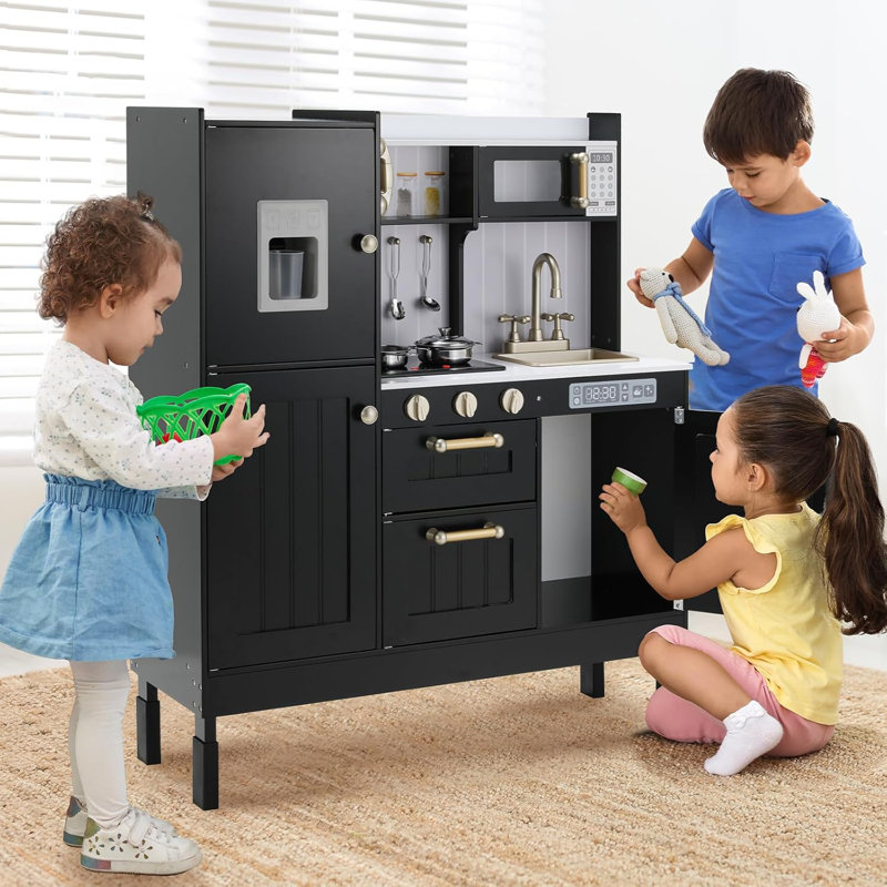 Height Adjustable Kids Play Kitchen, 3-Level Wooden Pretend Playset with Realistic Sounds, Telephone, Stove, Fridge, Microwave, Removable Sink, Water Dispenser, Grows with Your Child Ages 3+(black)