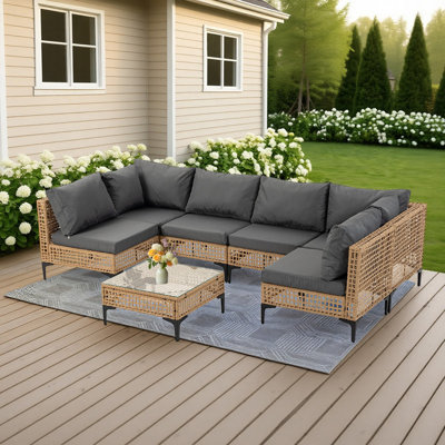 Ensemble de canapé modulaire d'extérieur 7 pièces, rotin en osier avec coussins et table pour terrasse